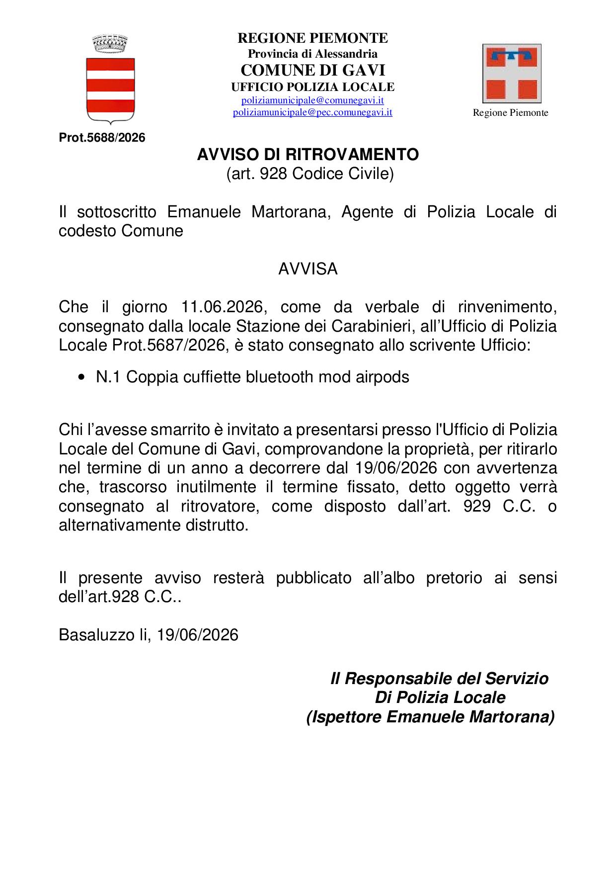 PROT. N.5688 - Affissione All'albo Rinvenimento - Cuffiette Bluetooth Mod Airpods