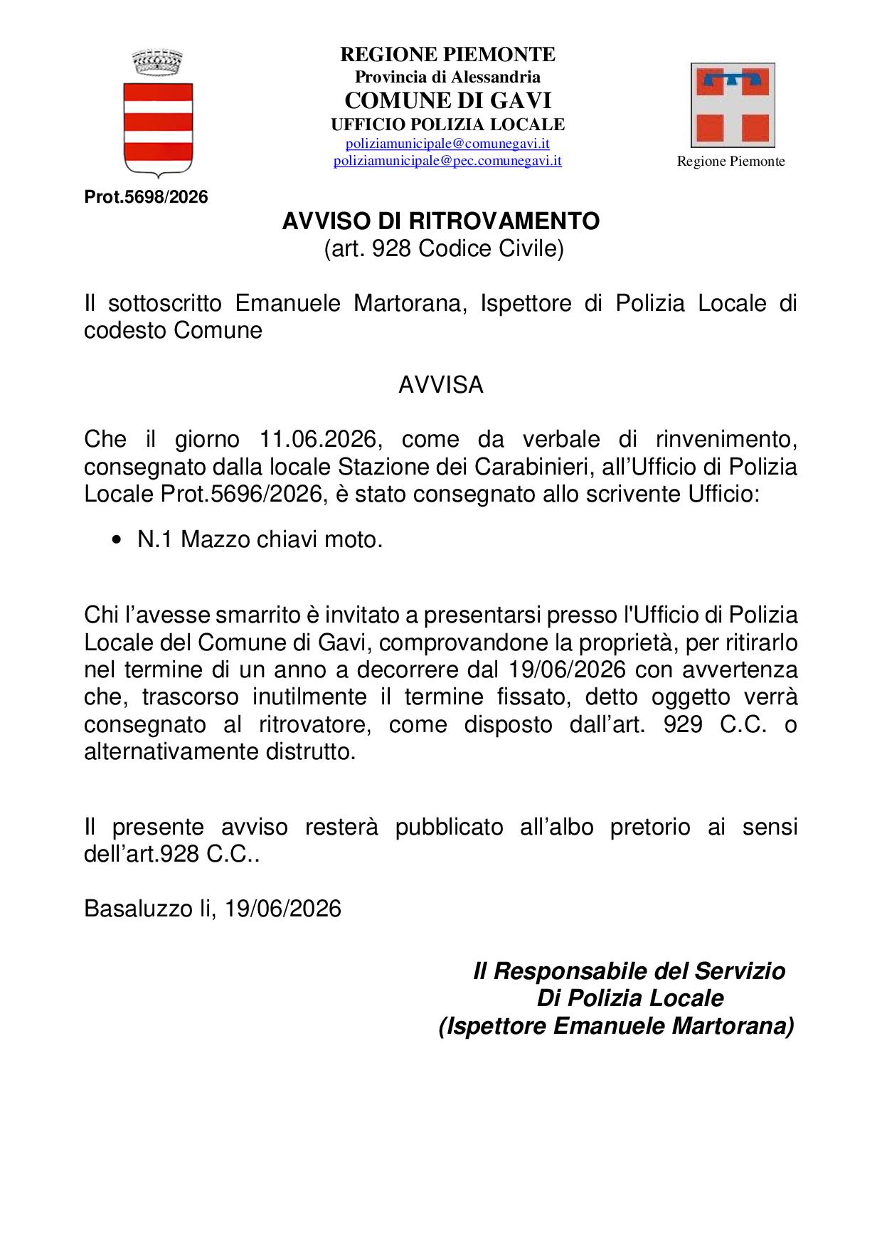 PROT. N.5698 - Affissione all'Albo - Rinvenimento - Mazzo chiavi moto